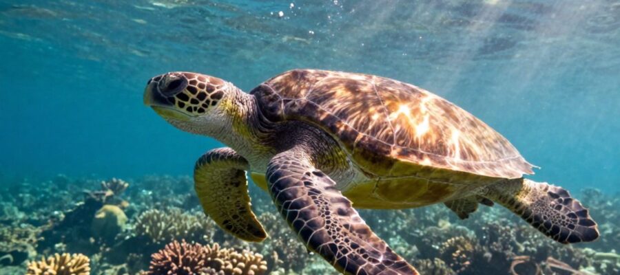 Tortuga marina verde nadando entre un arrecife de coral bajo la luz del sol en el océano.