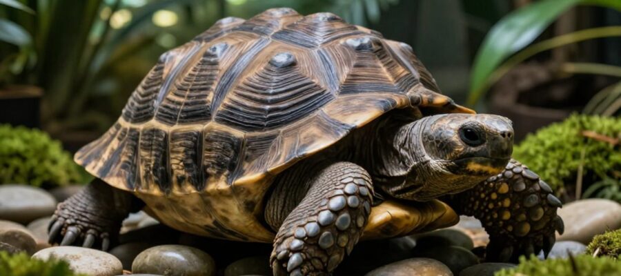 Tortuga macho de caparazón oscuro descansando sobre piedras y musgo verde en un entorno natural.