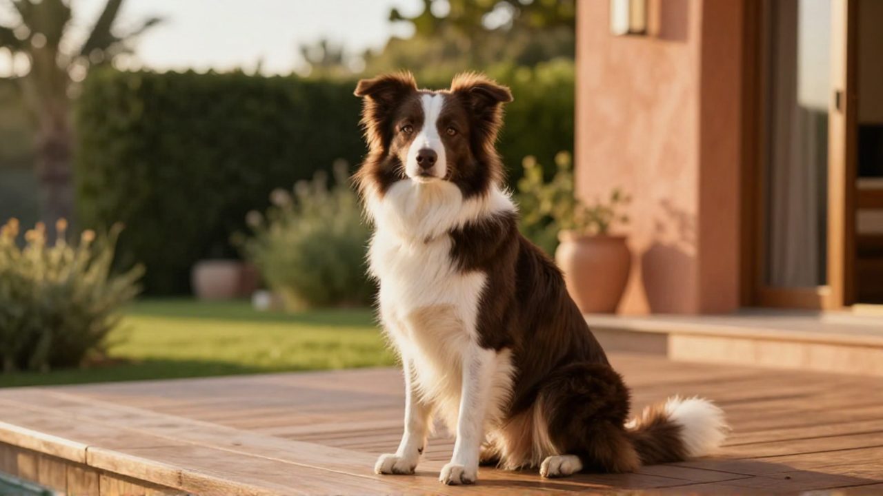 Una perra Border Collie sentada con elegancia en una terraza soleada de estilo mediterráneo.