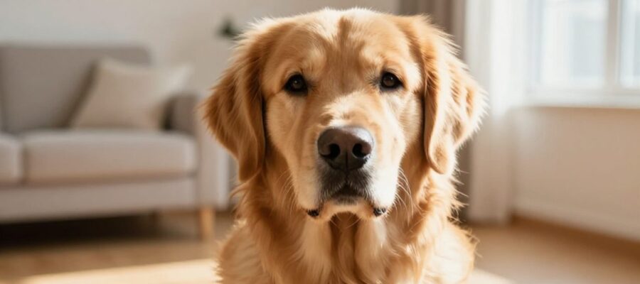 Un perro Golden Retriever con expresión curiosa sentado en una luminosa sala de estar de estilo moderno.