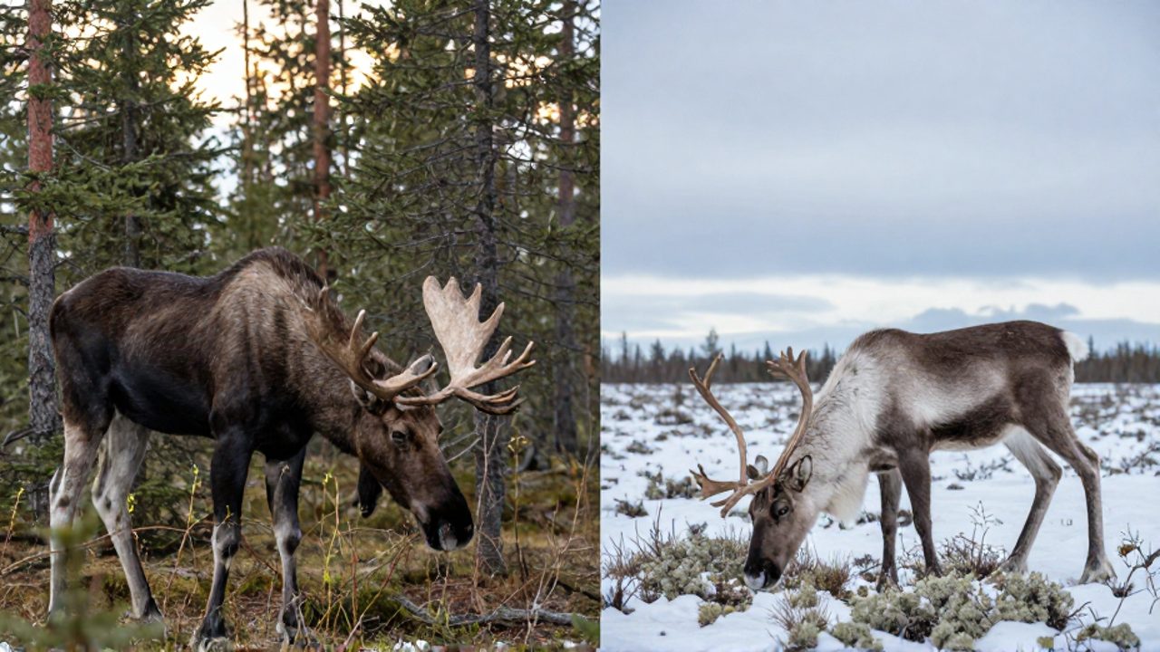Composición dividida que muestra a un alce alimentándose de ramas en un bosque denso frente a un reno buscando liquen en la nieve de una tundra abierta.