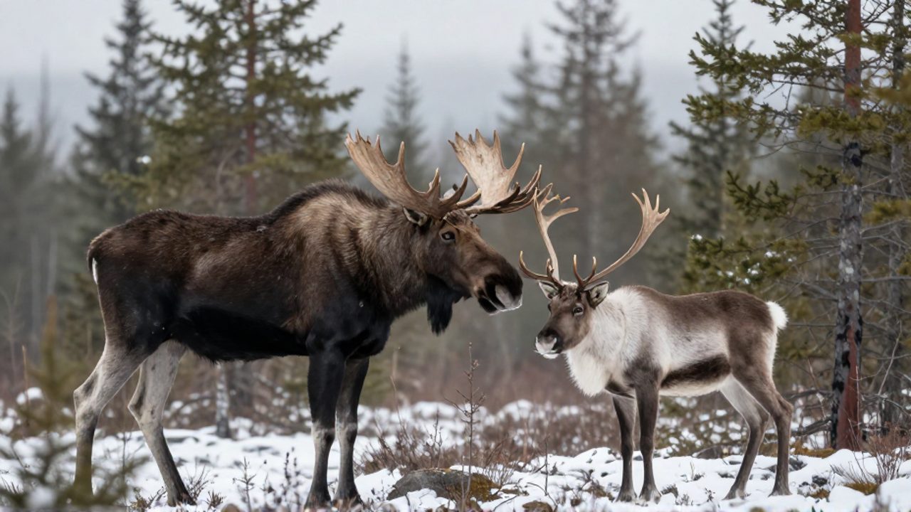 Un gran alce de astas anchas y un reno de menor tamaño junto a él en un bosque nevado para comparar sus diferencias de tamaño y cornamenta.