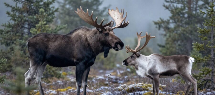 Un alce de gran tamaño con astas palmeadas junto a un reno más pequeño y esbelto en un bosque boreal con niebla.