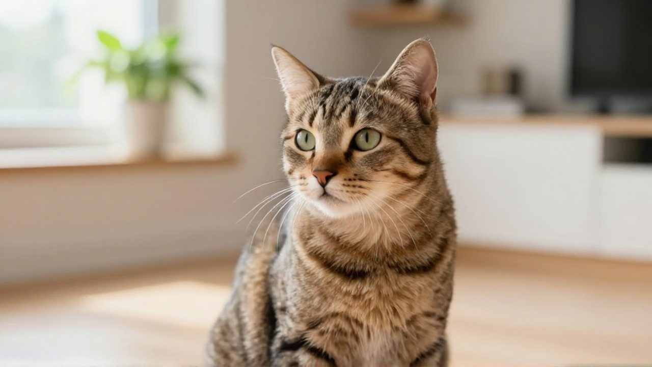 Gato atigrado con expresión tranquila sentado en una sala de estar luminosa y acogedora.