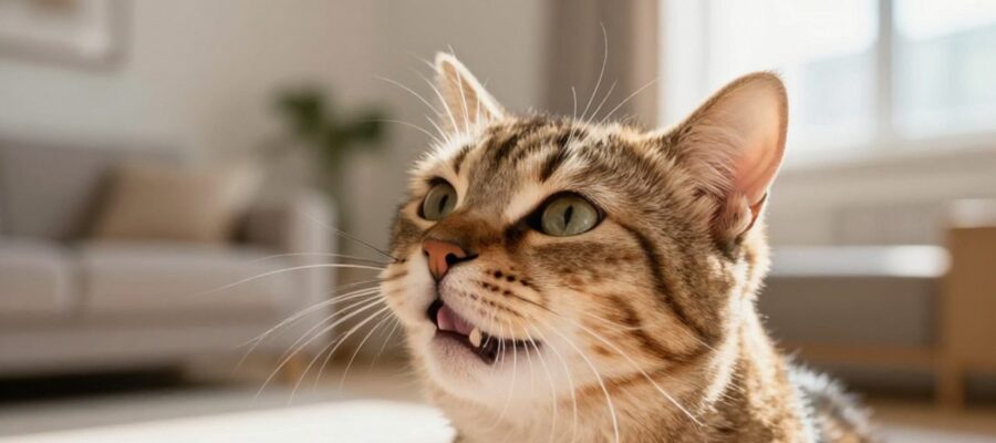 Gato macho con el labio superior levantado y la boca entreabierta realizando el gesto de Flehmen para analizar olores.