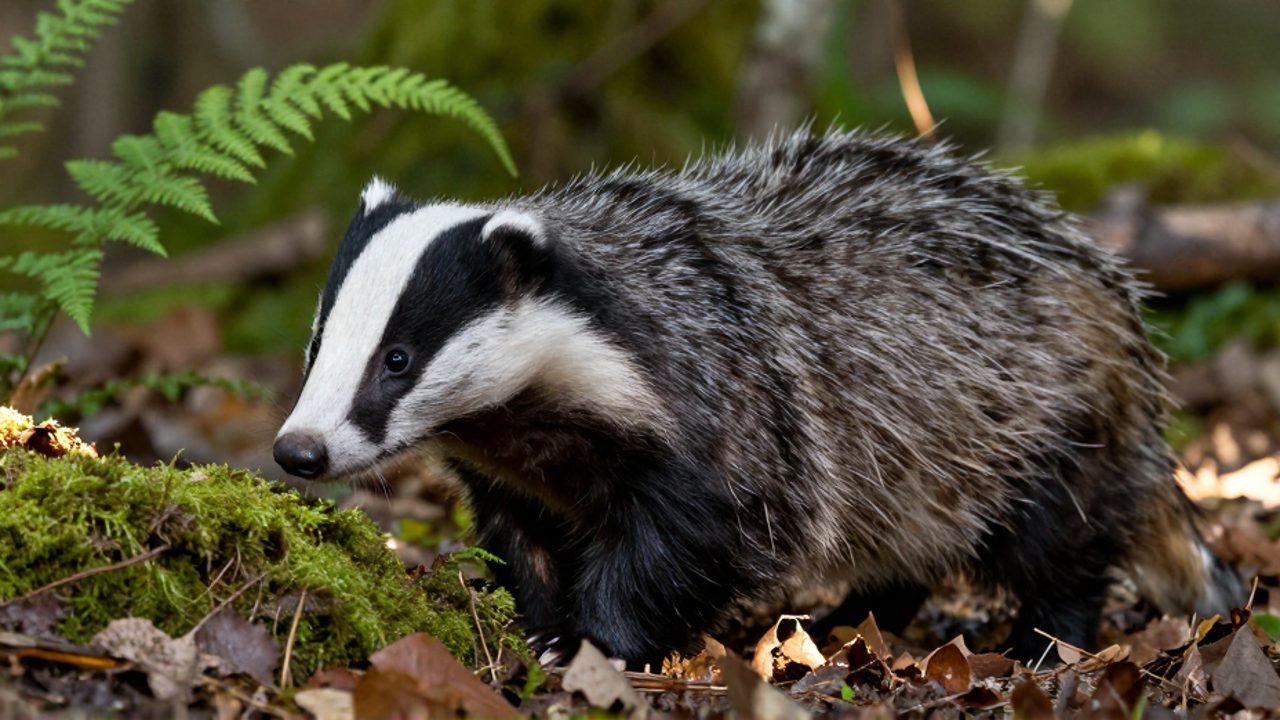 Un tejón europeo con sus características rayas blancas y negras en la cara emerge de un suelo de bosque cubierto de musgo y hojas.