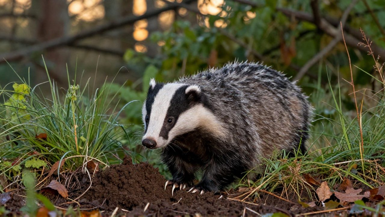 Un tejón europeo sale de su madriguera en un montículo de hierba, mostrando sus garras mientras excava la tierra en el borde de un bosque.