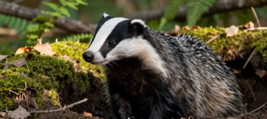 Un tejón europeo con rayas faciales blancas y negras sale de su madriguera de tierra en un bosque iluminado por el sol.