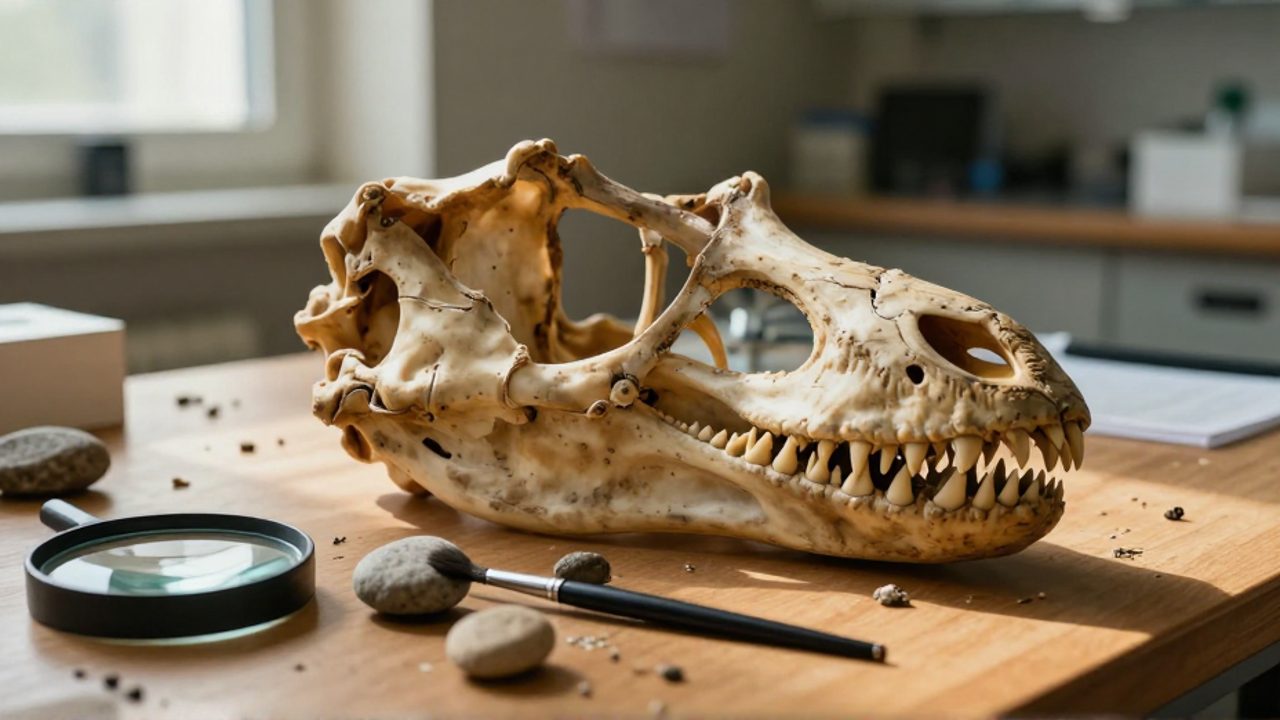 Mandíbula de dinosaurio con dientes variados rodeada de piedras de estómago y restos de vegetación sobre una mesa de laboratorio.