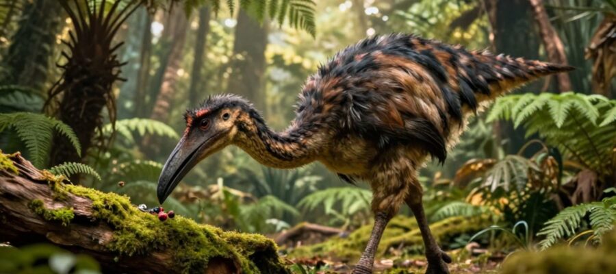 Un dinosaurio ornito-mímido con plumas busca alimento entre insectos y bayas en el suelo de un bosque prehistórico.
