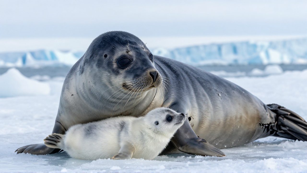 Una foca de pelaje oscuro amamanta a su cría de pelo blanco sobre un bloque de hielo en el Ártico.