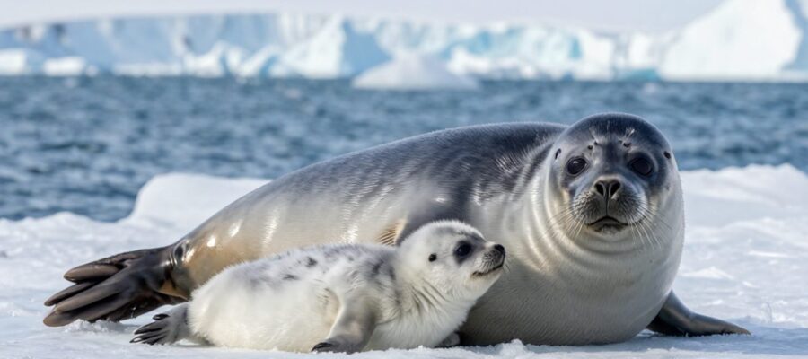 Una foca madre protege a su cría de pelaje blanco mientras descansan sobre un bloque de hielo en el Ártico.