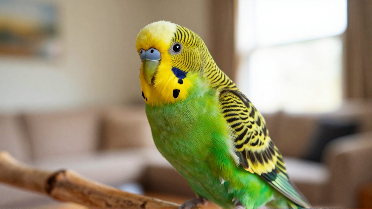 Periquito macho de plumaje verde y amarillo posado en una rama de madera con una expresión curiosa.