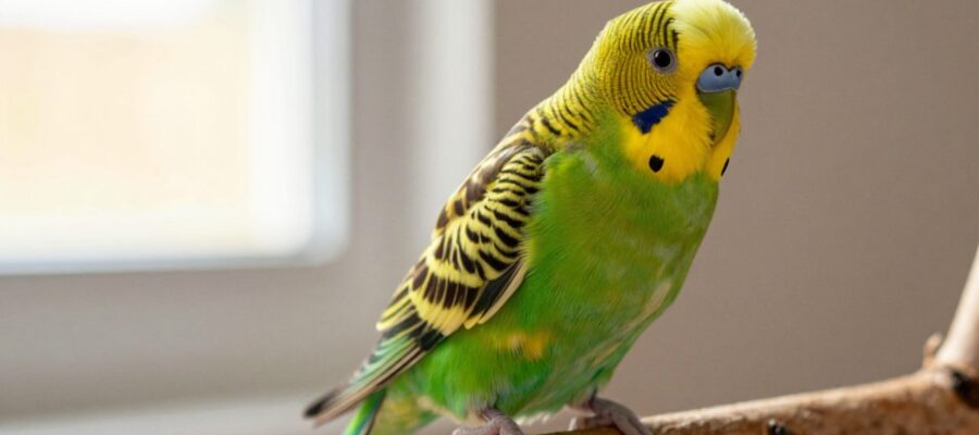 Perico macho de plumaje verde y amarillo posado sobre una rama de madera en un entorno iluminado por luz natural.
