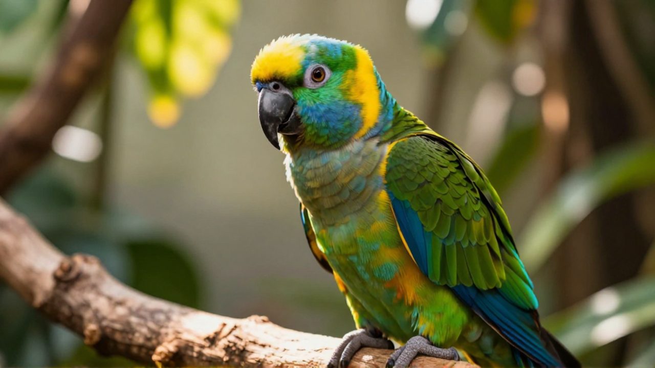 Loro de colores verde, amarillo y azul posado en una rama de madera en un entorno tropical iluminado por el sol.