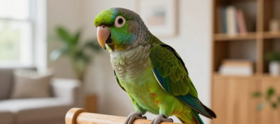 Loro amazónico de color verde brillante posado sobre un soporte de madera en una sala de estar iluminada por el sol.