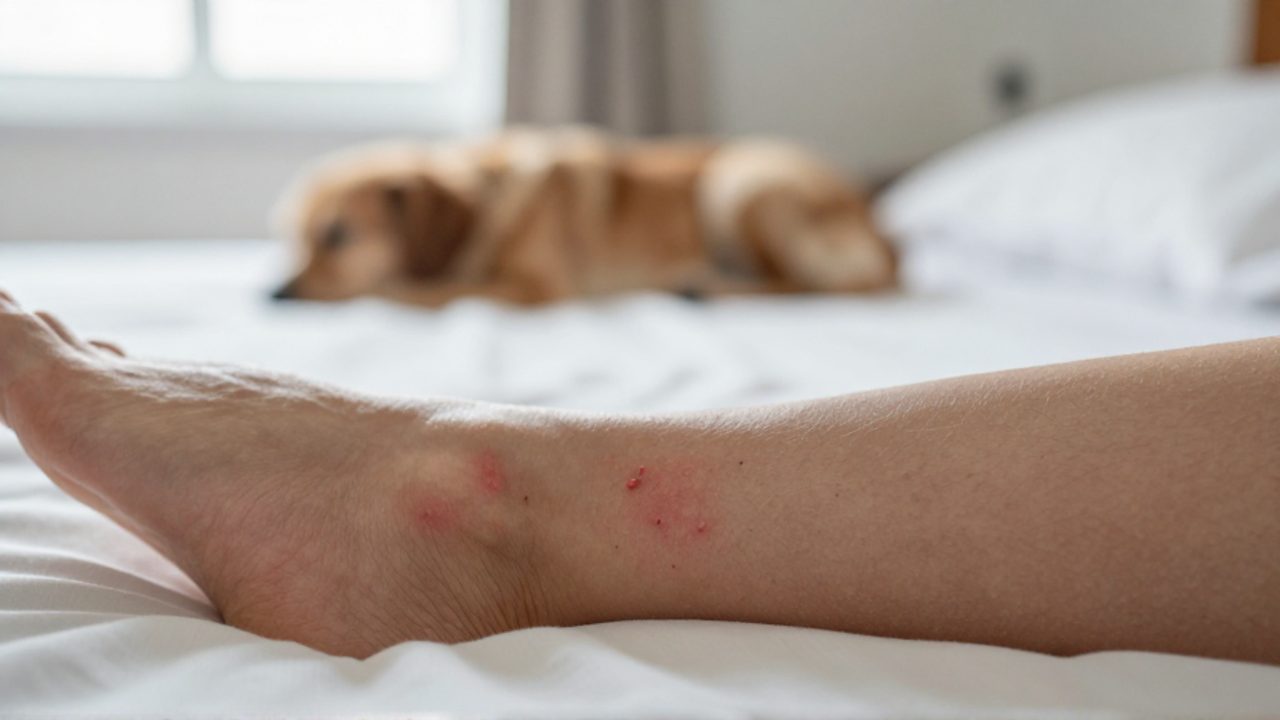 Picaduras de insectos y piel irritada en el tobillo de una persona sobre una cama, con la silueta de un perro durmiendo al fondo.