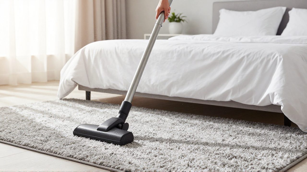 Una persona pasa la aspiradora por una alfombra gris junto a una cama para limpiar y desinfectar el dormitorio.