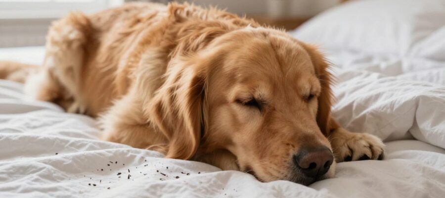Un perro golden retriever duerme en una cama con sábanas blancas, donde se aprecian pequeñas partículas oscuras que simulan huevos de pulgas sobre su pelaje y la ropa.