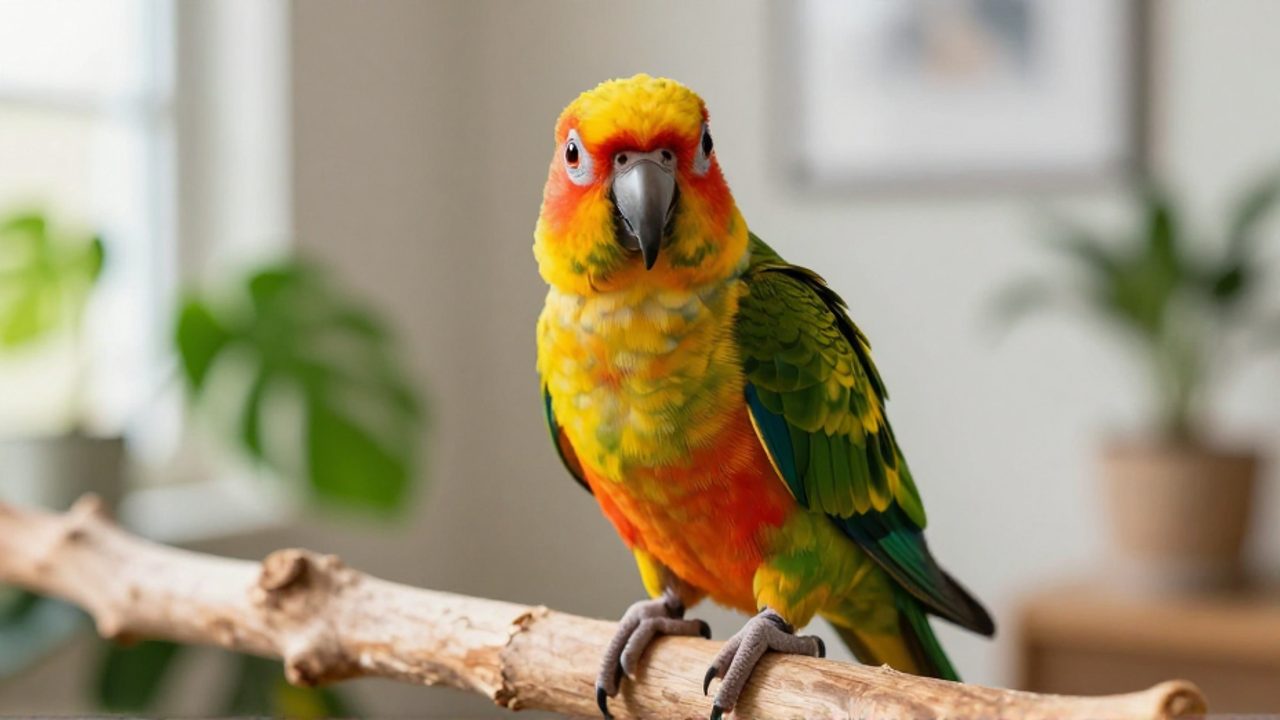 Primer plano de un loro de plumaje brillante con tonos verdes, amarillos y naranjas posado sobre una rama de madera.