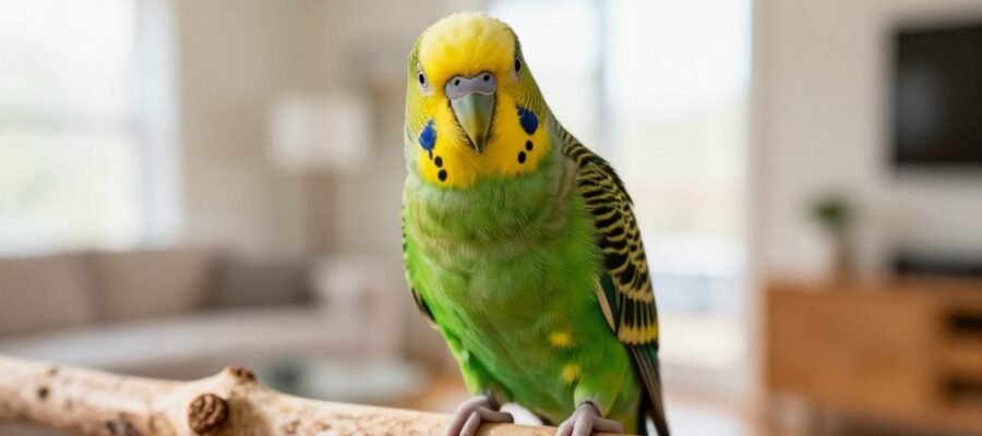 Loro macho de plumaje verde y amarillo posado sobre una rama de madera en un ambiente luminoso.