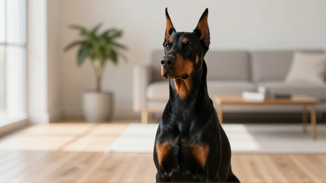 Un Dóberman Pinscher de pelaje negro y canela sentado con postura alerta y elegante en una sala de estar moderna y luminosa.