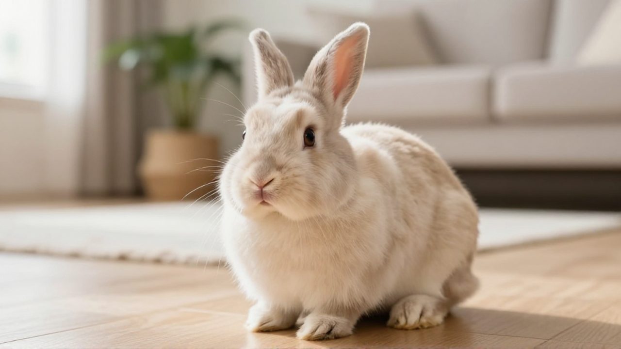 Conejo de color crema con orejas caídas sentado tranquilamente sobre un suelo de madera en una sala luminosa.