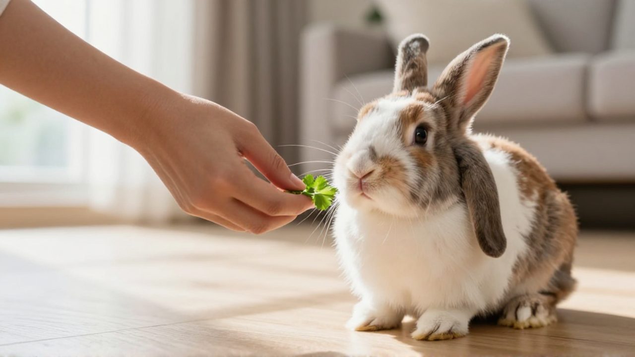 Una persona ofrece un trozo de cilantro a un conejo de color marrón y blanco para premiarlo durante su entrenamiento.