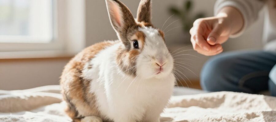 Conejo de raza Holland Lop con pelaje marrón y blanco mirando con curiosidad mientras una persona acerca su mano para interactuar con él.