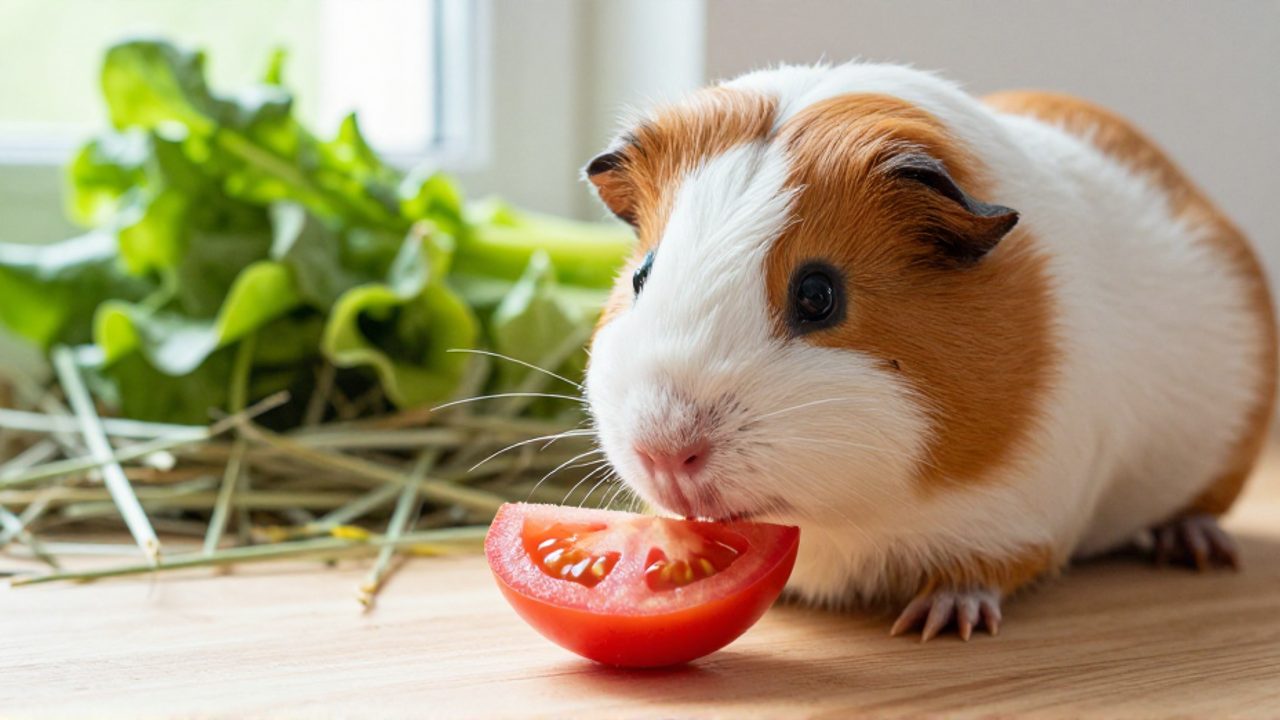 Un cuyo olfatea con curiosidad una rodaja de tomate rojo sobre una superficie de madera junto a un poco de heno.