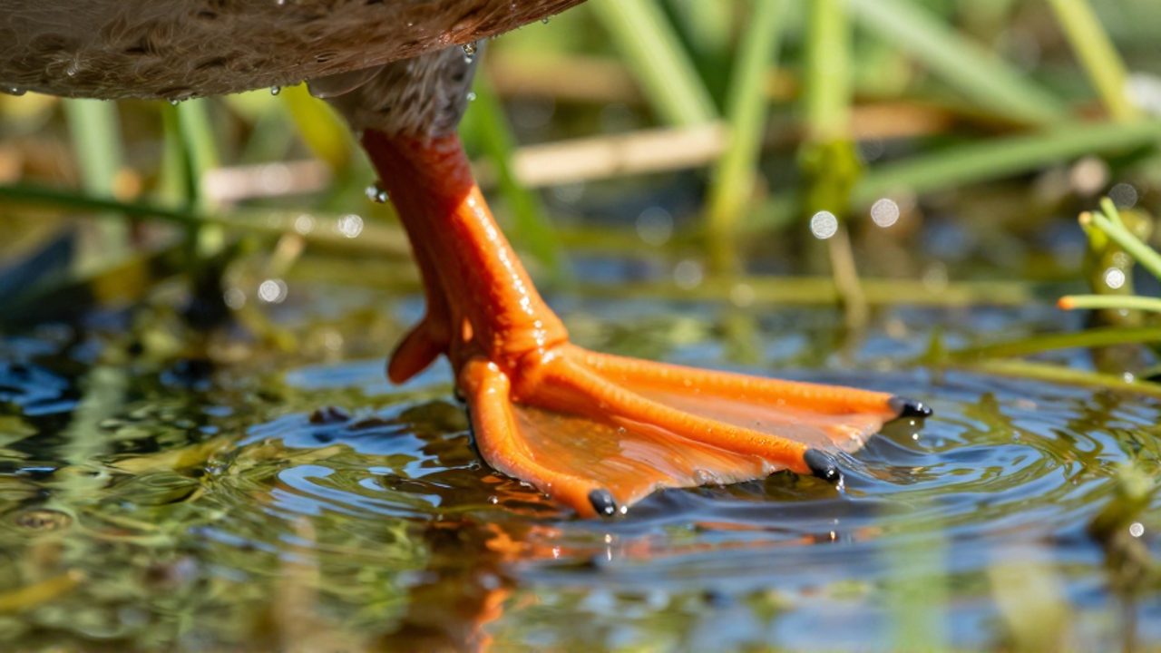 Primer plano de la pata palmeada de un pato de collar moviéndose bajo el agua clara de un humedal.