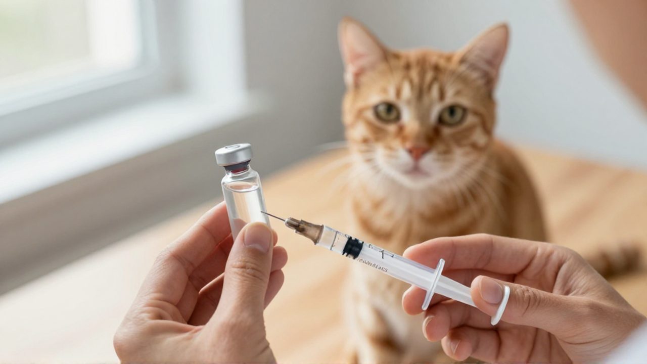 Unas manos sostienen un frasco de medicina sin etiqueta y una jeringa junto a un gato que observa con curiosidad.