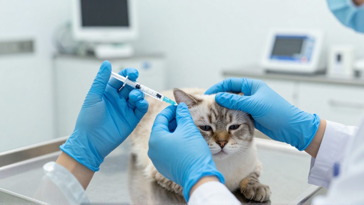Manos de un veterinario con guantes azules sostienen una jeringuilla de cristal cerca de un gato en una clínica.