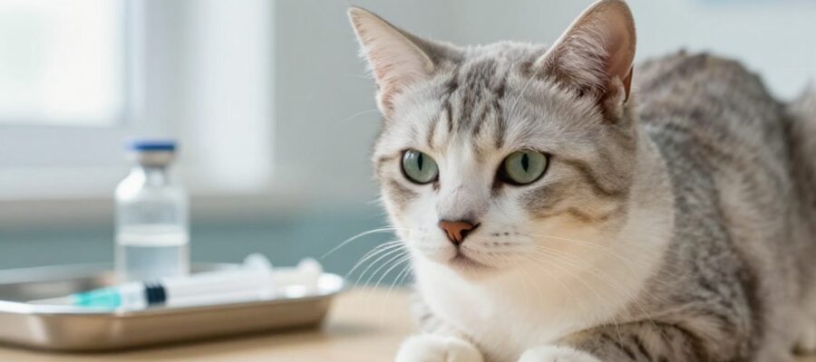 Gato doméstico con mirada alerta sentado en una clínica veterinaria junto a un vial de medicamento y una jeringuilla.