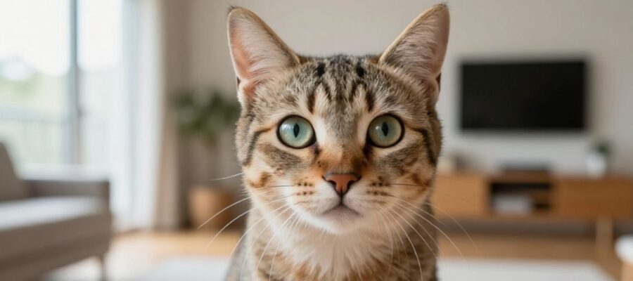 Gato doméstico mirando atentamente a la cámara en una sala de estar luminosa y acogedora.