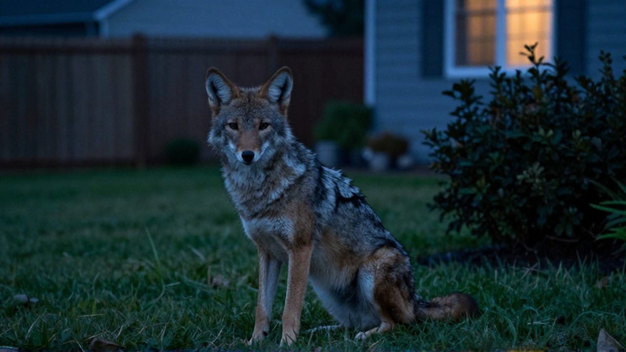 Un coyote alerta observa desde un jardín residencial durante el crepúsculo, con una cerca y la luz de una ventana de fondo.