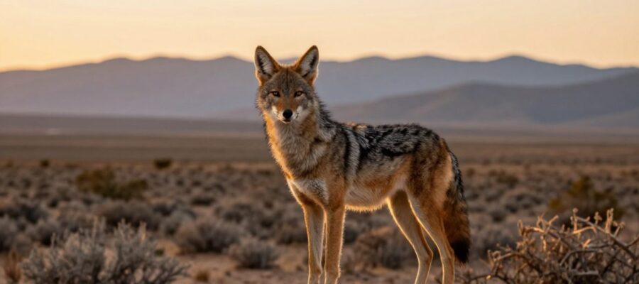 Un coyote alerta de pelaje canela y gris observa el horizonte desde una formación rocosa en un paisaje desértico bajo la luz del atardecer.