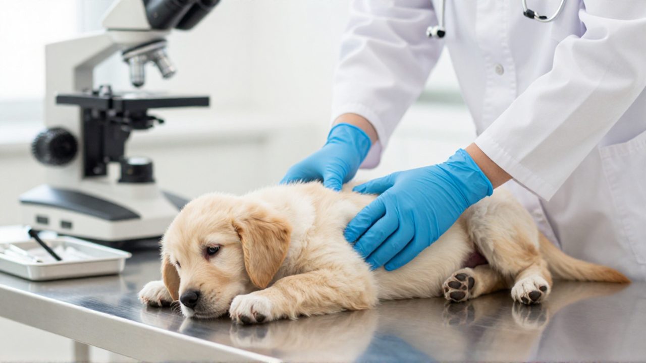 Un veterinario con guantes azules palpa el abdomen de un cachorro de Golden Retriever sobre una mesa de examen en una clínica.