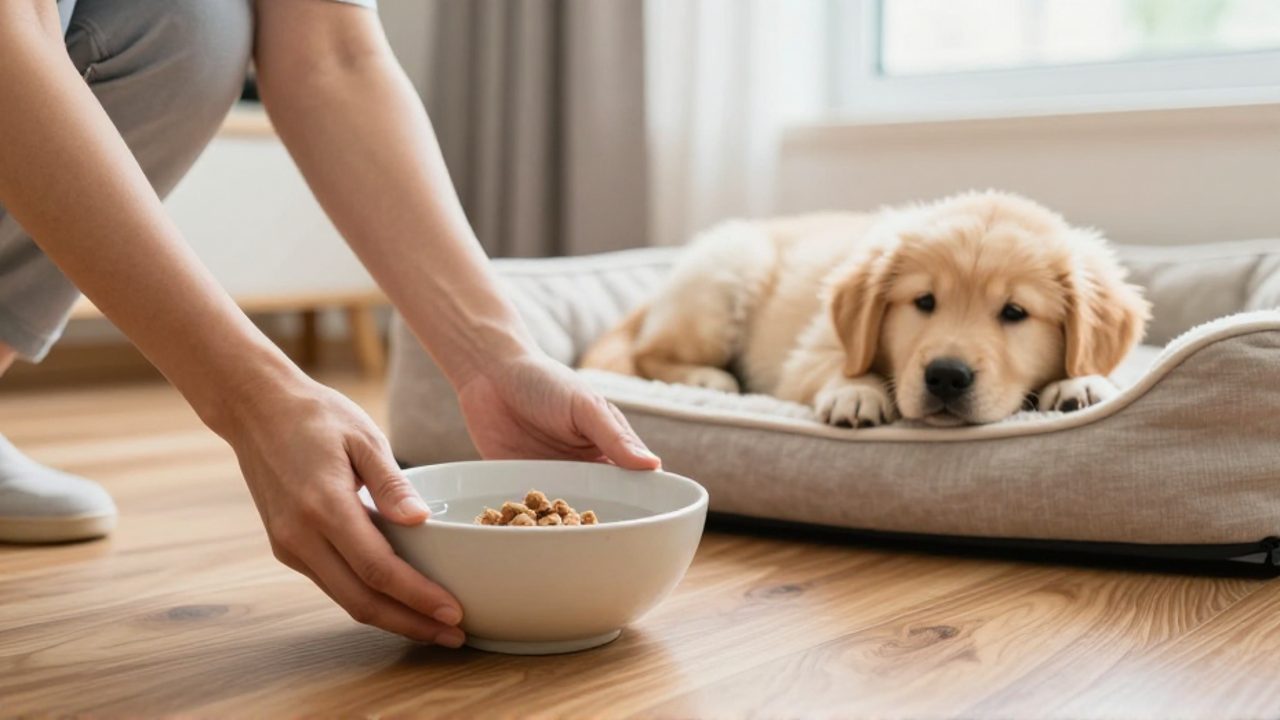 Unas manos colocan un cuenco con agua fresca y comida ligera junto a un cachorro de Golden Retriever que descansa en una cama limpia.