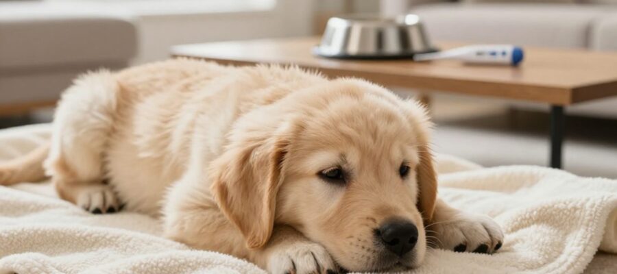 Cachorro de Golden Retriever decaído y con aspecto débil tumbado sobre una manta en una sala, con un cuenco de agua y un termómetro médico al fondo.