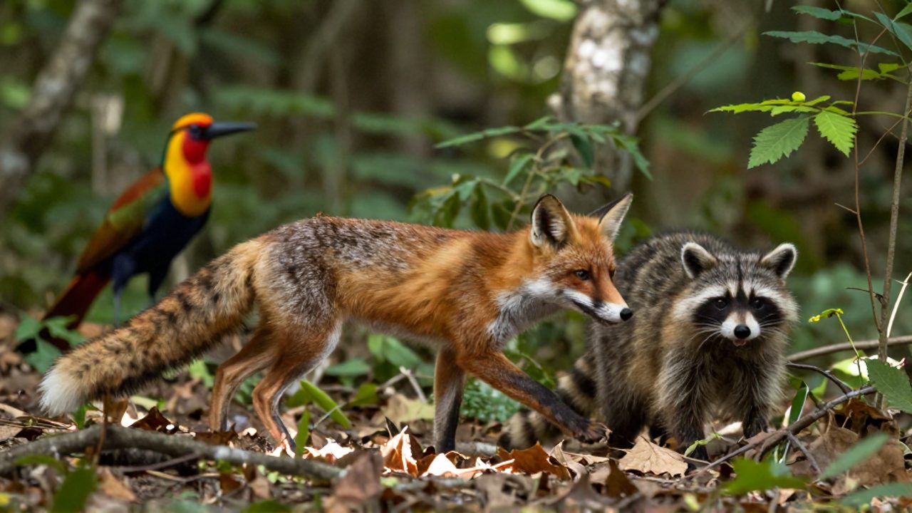 Un zorro rojo camina entre hojas secas y arbustos en el borde de un bosque, mientras que al fondo se distingue de forma difusa un ave tropical.