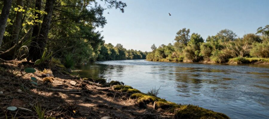 Paisaje que integra un bosque con suelo húmedo, un río de agua dulce y un cielo con un ave volando, representando la transición entre los hábitats terrestre, acuático y aéreo.