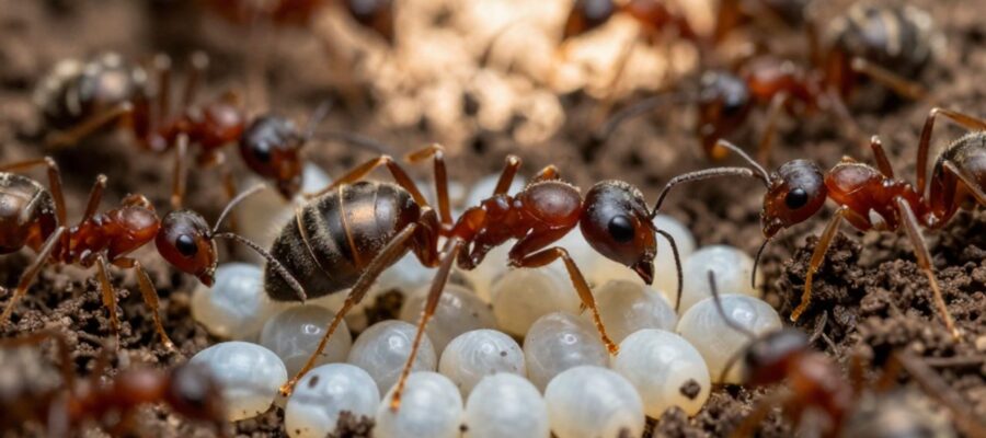 Una hormiga reina rodeada de huevos y larvas blancas en un nido de tierra húmeda.