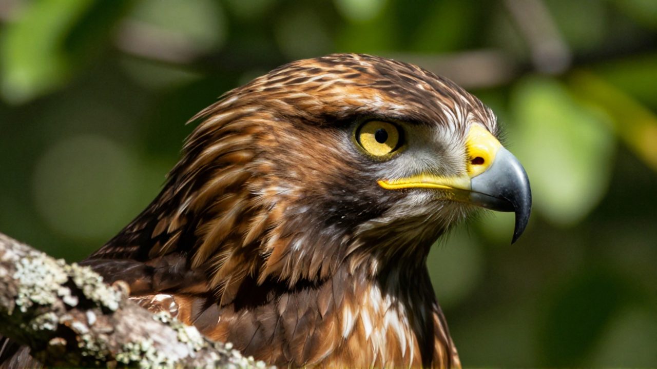 Primer plano del perfil de un halcón con un pico curvo y afilado, resaltando su ojo dorado mientras está posado en una rama en el bosque.