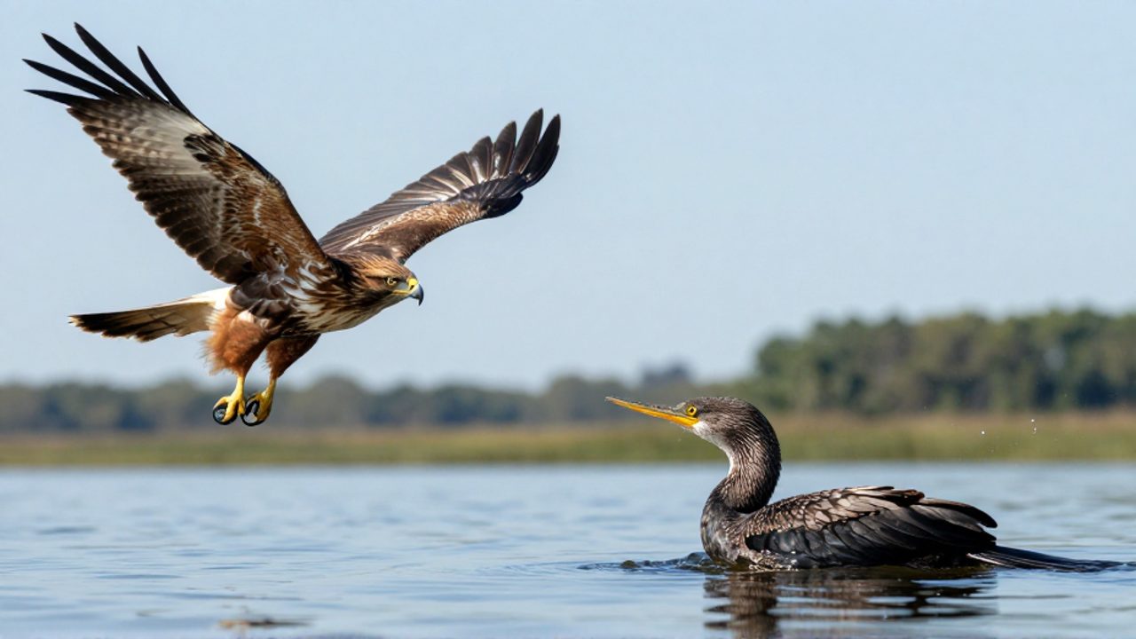 Composición dividida que muestra a un halcón volando en un cielo despejado frente a un ave acuática acechando parcialmente sumergida en un lago.