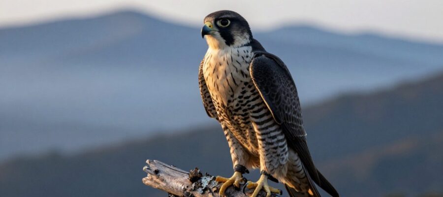 Halcón peregrino posado en una rama con mirada intensa frente a un paisaje de montañas neblinosas.