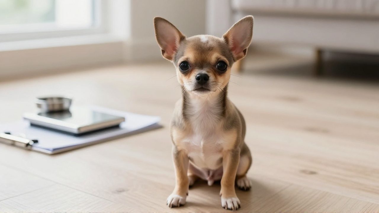 Cachorro de chihuahua sentado en un suelo de madera junto a una báscula y una tabla de notas veterinaria.