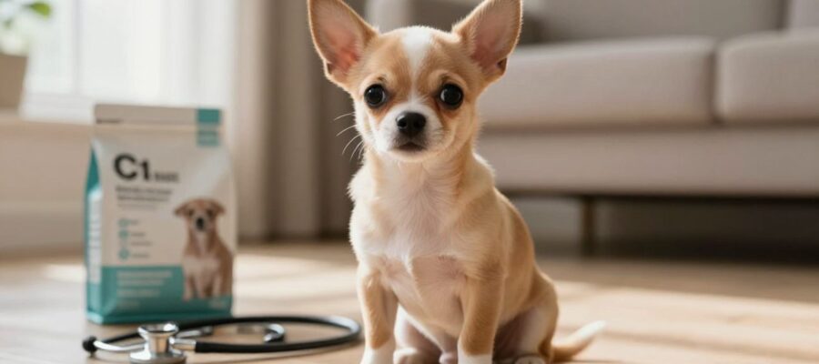 Cachorro de chihuahua de seis meses sentado en un salón luminoso con un estetoscopio desenfocado al fondo.