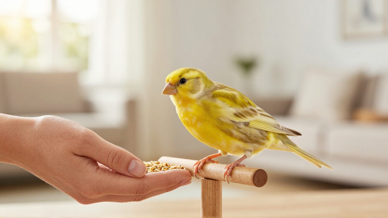 Una mano ofrece comida a un canario amarillo mientras este se mantiene atento sobre un soporte de madera en un entorno luminoso.