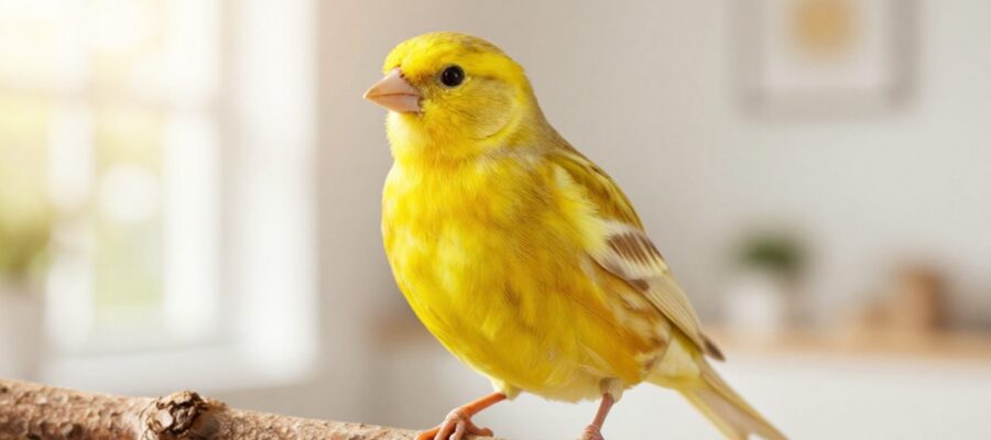 Canario de plumaje amarillo brillante posado sobre una rama de madera en un interior iluminado por el sol.